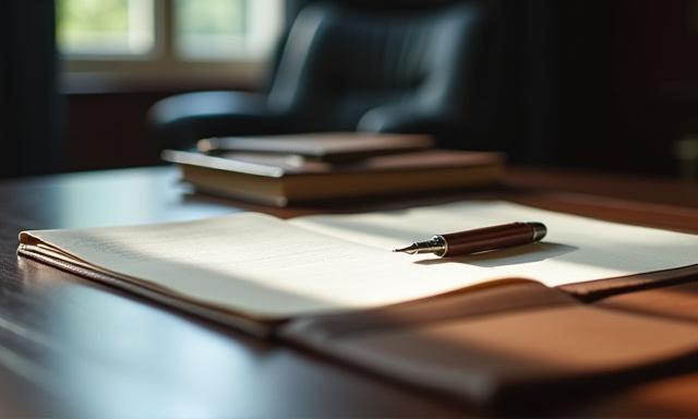 A legal document folder on a mahogany desk
